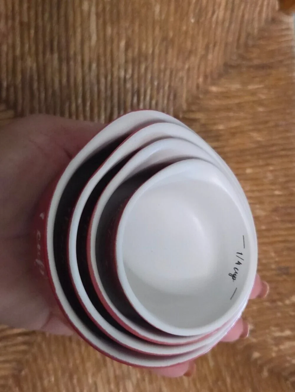 Sleigh Bell Bistro Set of 4 Red Ceramic Measuring Cups with White Interior